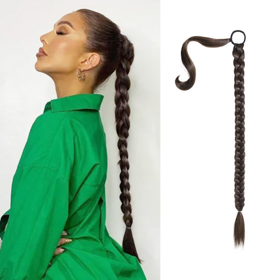 Picture of SEIKEA Upgraded Long Braid Ponytail Extension with Elastic Tie Straight Sleek Wrap Around Braid Hair Extensions Ponytail Dark Chocolate Brown 20 Inch (After Braided 16 Inch) 110 Gram