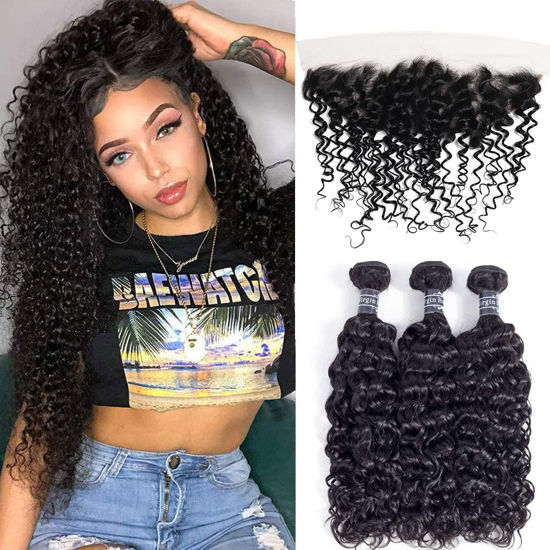 Picture of Amella Hair 8A Brazilian Hair Bundles with Frontal 18" 20" 22"+16"Frontal Brazilian Kinky Curly 3 Bundles with Free Part Lace Frontal 100% Unprocessed Virgin Brazilian Hair