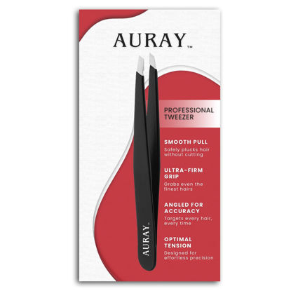 Picture of Eyebrow Tweezers Stainless Steel Facial Hair Removal Tweezers for Men & Women in Black with Slanted Tip for Easy Plucking by AURAY