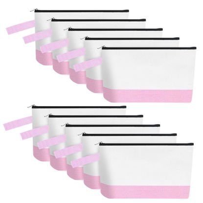 Picture of Sinzip 10 Pieces Cotton Canvas Makeup Bag with Bottom and Strap, Multi-Purpose Cosmetic Bag with Zipper Travel Toiletry Pouch, Blank DIY Craft Bag (White&Pink, XS)