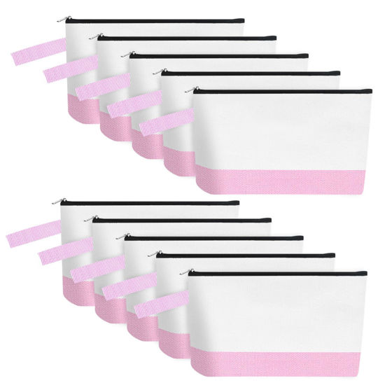 Picture of Sinzip 10 Pieces Cotton Canvas Makeup Bag with Bottom and Strap, Multi-Purpose Cosmetic Bag with Zipper Travel Toiletry Pouch, Blank DIY Craft Bag (White&Pink, XS)