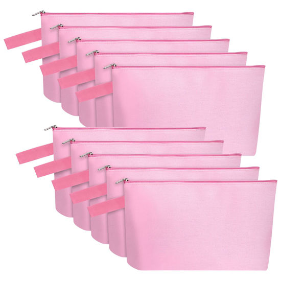 Picture of Sinzip 10 Pieces Cotton Canvas Makeup Bag with Bottom and Strap, Multi-Purpose Cosmetic Bag with Zipper Travel Toiletry Pouch, Blank DIY Craft Bag Pencil Bag (Pink, M) (MN-WB07)