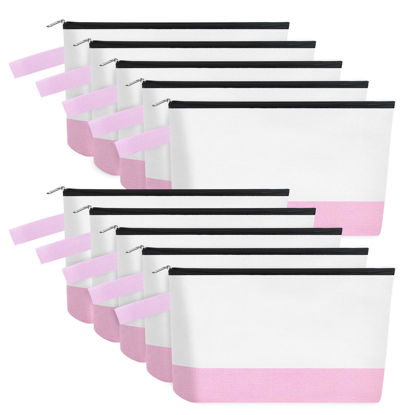 Picture of Sinzip 10 Pieces Cotton Canvas Makeup Bag with Bottom and Strap, Multi-Purpose Cosmetic Bag with Zipper Travel Toiletry Pouch, Blank DIY Craft Bag (White&Pink, M)