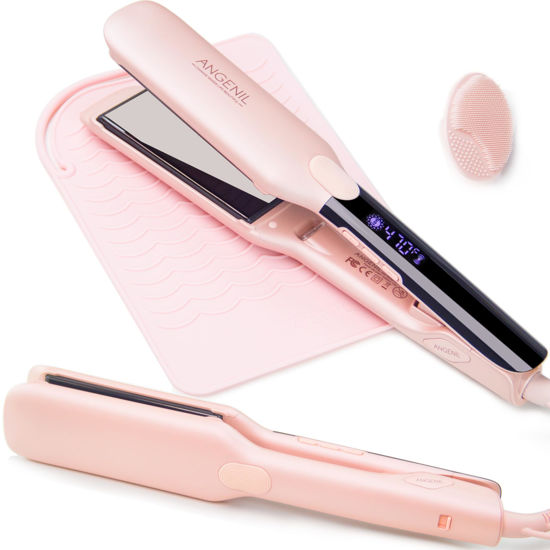 Picture of ANGENIL Pro Titanium Flat Iron Hair Straightener 1.75" Wide, Salon Grade Dual Voltage Straightening and Curler 2-in-1 with Heat Resistant Silicone Mat, Adjustable Temp 240°F-470°F, 15s Fast Heating