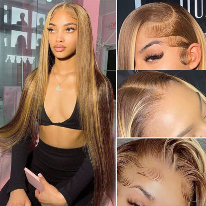 Picture of Lakin Highlight Ombre Lace Front Wigs Human Hair Pre Plucked Hairline with Baby Hair Bleached Knots 180 Density 4/27 4x4 Glueless Lace Closure Straight wig Human Hair Wigs for Black Women (22 inch)