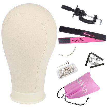 Picture of Leeven 21"-24" Poly Canvas Block Head Professional Mannequin Canvas Head for Making, Drying,Styling Wigs with Table Clamp Stand and Hair Edge Band 22 Inch