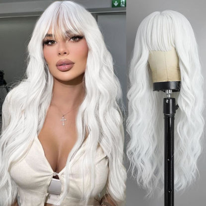 Picture of Lativ White Wig With Bangs Long Wavy Wig For Women White Color Wigs Synthetic Curly wig Natural Looking Heat Resistant Hair For Daily Party Cosplay Use 26 Inches