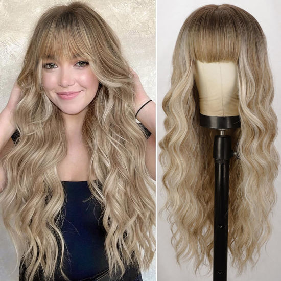 Picture of Lativ Dirty Blonde Wig With Bangs Long Wavy Curly Ombre Blonde Wig with Dark Roots Synthetic Heat Resistant Wigs for Women Daily Party Use 26 Inches