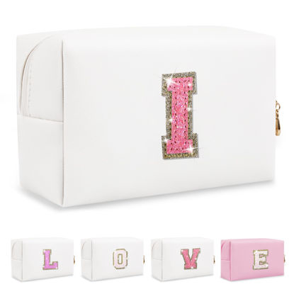 Picture of Small Initial Patch Makeup Bag Personalized Gifts Make Up Bag,White Cute PU Leather Glitter Letter Cosmetic Bag with Zipper,Trendy Portable Travel Toiletry Pouch,Preppy Stuff for Teen Girls Women I
