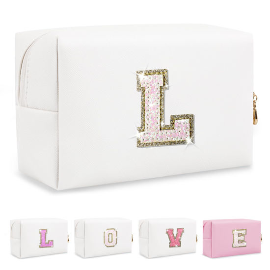 Picture of Small Initial Patch Makeup Bag Personalized Gifts Make Up Bag,White Cute PU Leather Glitter Letter Cosmetic Bag with Zipper,Trendy Portable Travel Toiletry Pouch,Preppy Stuff for Teen Girls Women L