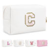 Picture of Small Initial Patch Makeup Bag Personalized Gifts Make Up Bag,White Cute PU Leather Glitter Letter Cosmetic Bag with Zipper,Trendy Portable Travel Toiletry Pouch,Preppy Stuff for Teen Girls Women C