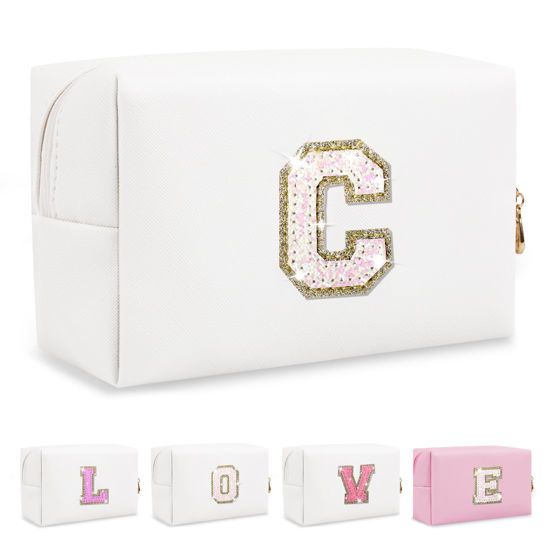 Picture of Small Initial Patch Makeup Bag Personalized Gifts Make Up Bag,White Cute PU Leather Glitter Letter Cosmetic Bag with Zipper,Trendy Portable Travel Toiletry Pouch,Preppy Stuff for Teen Girls Women C