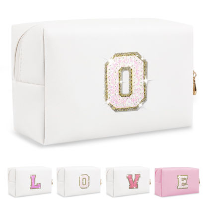 Picture of Small Initial Patch Makeup Bag Personalized Gifts Make Up Bag,White Cute PU Leather Glitter Letter Cosmetic Bag with Zipper,Trendy Portable Travel Toiletry Pouch,Preppy Stuff for Teen Girls Women O