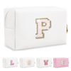Picture of Small Initial Patch Makeup Bag Personalized Gifts Make Up Bag,White Cute PU Leather Glitter Letter Cosmetic Bag with Zipper,Trendy Portable Travel Toiletry Pouch,Preppy Stuff for Teen Girls Women P
