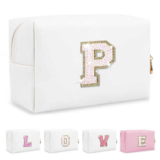 Picture of Small Initial Patch Makeup Bag Personalized Gifts Make Up Bag,White Cute PU Leather Glitter Letter Cosmetic Bag with Zipper,Trendy Portable Travel Toiletry Pouch,Preppy Stuff for Teen Girls Women P