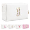Picture of Small Initial Patch Makeup Bag Personalized Gifts Make Up Bag,White Cute PU Leather Glitter Letter Cosmetic Bag with Zipper,Trendy Portable Travel Toiletry Pouch,Preppy Stuff for Teen Girls Women I