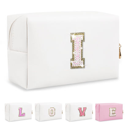 Picture of Small Initial Patch Makeup Bag Personalized Gifts Make Up Bag,White Cute PU Leather Glitter Letter Cosmetic Bag with Zipper,Trendy Portable Travel Toiletry Pouch,Preppy Stuff for Teen Girls Women I