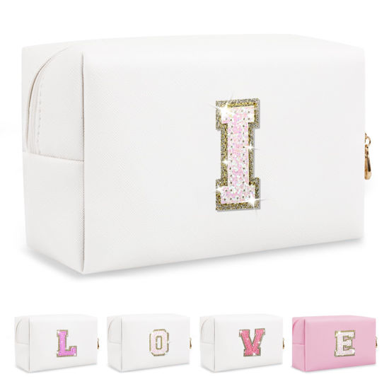 Picture of Small Initial Patch Makeup Bag Personalized Gifts Make Up Bag,White Cute PU Leather Glitter Letter Cosmetic Bag with Zipper,Trendy Portable Travel Toiletry Pouch,Preppy Stuff for Teen Girls Women I