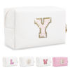 Picture of Small Initial Patch Makeup Bag Personalized Gifts Make Up Bag,White Cute PU Leather Glitter Letter Cosmetic Bag with Zipper,Trendy Portable Travel Toiletry Pouch,Preppy Stuff for Teen Girls Women Y
