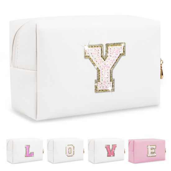 Picture of Small Initial Patch Makeup Bag Personalized Gifts Make Up Bag,White Cute PU Leather Glitter Letter Cosmetic Bag with Zipper,Trendy Portable Travel Toiletry Pouch,Preppy Stuff for Teen Girls Women Y