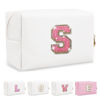 Picture of Small Initial Patch Makeup Bag Personalized Gifts Make Up Bag,White Cute PU Leather Glitter Letter Cosmetic Bag with Zipper,Trendy Portable Travel Toiletry Pouch,Preppy Stuff for Teen Girls Women S