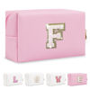Picture of Small Personalized Initial A-Z Patch Makeup Bag,Pink Cute PU Leather Glitter Letter Cosmetic Bag for Teen Girls,Travel Toiletry Bag with Zipper,Preppy Monogrammed Birthday Gift for Daughter Niece F