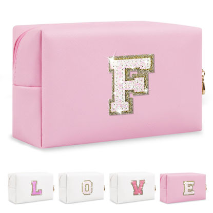 Picture of Small Personalized Initial A-Z Patch Makeup Bag,Pink Cute PU Leather Glitter Letter Cosmetic Bag for Teen Girls,Travel Toiletry Bag with Zipper,Preppy Monogrammed Birthday Gift for Daughter Niece F