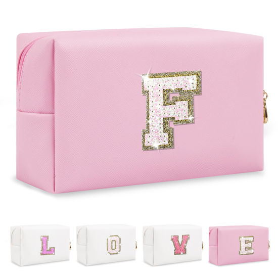 Picture of Small Personalized Initial A-Z Patch Makeup Bag,Pink Cute PU Leather Glitter Letter Cosmetic Bag for Teen Girls,Travel Toiletry Bag with Zipper,Preppy Monogrammed Birthday Gift for Daughter Niece F