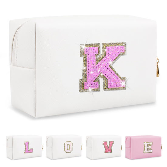 Picture of Small Initial Patch Makeup Bag Personalized Gifts Make Up Bag,White Cute PU Leather Glitter Letter Cosmetic Bag with Zipper,Trendy Portable Travel Toiletry Pouch,Preppy Stuff for Teen Girls Women K