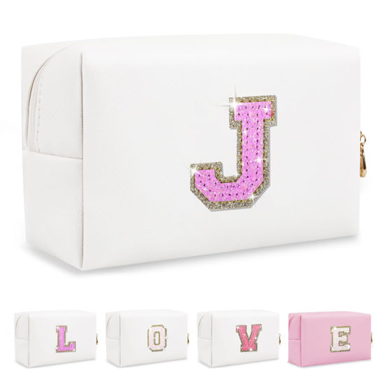 Picture of Small Initial Patch Makeup Bag Personalized Gifts Make Up Bag,White Cute PU Leather Glitter Letter Cosmetic Bag with Zipper,Trendy Portable Travel Toiletry Pouch,Preppy Stuff for Teen Girls Women J