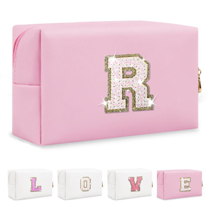 Picture of Small Personalized Initial A-Z Patch Makeup Bag,Pink Cute PU Leather Glitter Letter Cosmetic Bag for Teen Girls,Travel Toiletry Bag with Zipper,Preppy Monogrammed Birthday Gift for Daughter Niece R