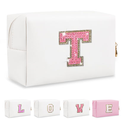 Picture of Small Initial Patch Makeup Bag Personalized Gifts Make Up Bag,White Cute PU Leather Glitter Letter Cosmetic Bag with Zipper,Trendy Portable Travel Toiletry Pouch,Preppy Stuff for Teen Girls Women T