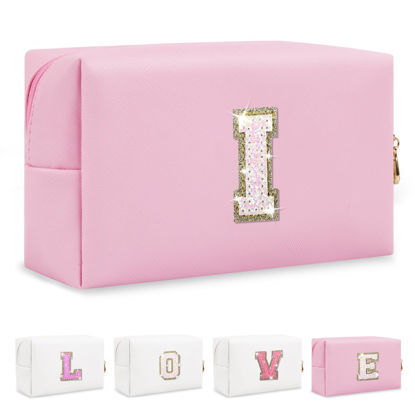 Picture of Small Personalized Initial A-Z Patch Makeup Bag,Pink Cute PU Leather Glitter Letter Cosmetic Bag for Teen Girls,Travel Toiletry Bag with Zipper,Preppy Monogrammed Birthday Gift for Daughter Niece I