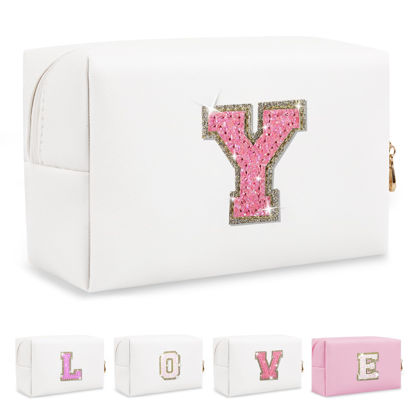 Picture of Small Initial Patch Makeup Bag Personalized Gifts Make Up Bag,White Cute PU Leather Glitter Letter Cosmetic Bag with Zipper,Trendy Portable Travel Toiletry Pouch,Preppy Stuff for Teen Girls Women Y