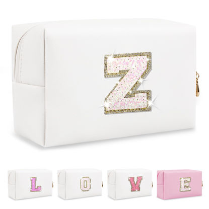 Picture of Small Initial Patch Makeup Bag Personalized Gifts Make Up Bag,White Cute PU Leather Glitter Letter Cosmetic Bag with Zipper,Trendy Portable Travel Toiletry Pouch,Preppy Stuff for Teen Girls Women Z