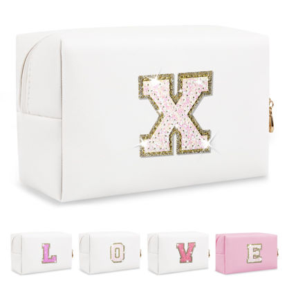 Picture of Small Initial Patch Makeup Bag Personalized Gifts Make Up Bag,White Cute PU Leather Glitter Letter Cosmetic Bag with Zipper,Trendy Portable Travel Toiletry Pouch,Preppy Stuff for Teen Girls Women X