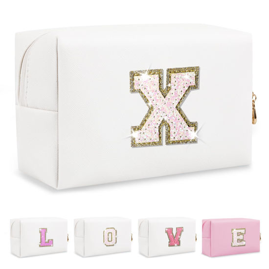 Picture of Small Initial Patch Makeup Bag Personalized Gifts Make Up Bag,White Cute PU Leather Glitter Letter Cosmetic Bag with Zipper,Trendy Portable Travel Toiletry Pouch,Preppy Stuff for Teen Girls Women X