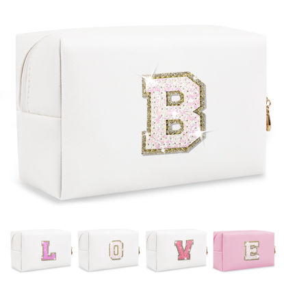 Picture of Small Initial Patch Makeup Bag Personalized Gifts Make Up Bag,White Cute PU Leather Glitter Letter Cosmetic Bag with Zipper,Trendy Portable Travel Toiletry Pouch,Preppy Stuff for Teen Girls Women B