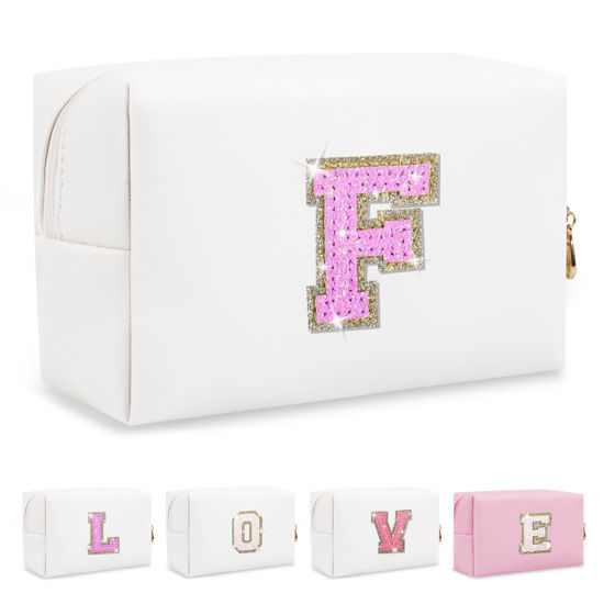 Picture of Small Initial Patch Makeup Bag Personalized Gifts Make Up Bag,White Cute PU Leather Glitter Letter Cosmetic Bag with Zipper,Trendy Portable Travel Toiletry Pouch,Preppy Stuff for Teen Girls Women F