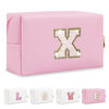 Picture of Small Personalized Initial A-Z Patch Makeup Bag,Pink Cute PU Leather Glitter Letter Cosmetic Bag for Teen Girls,Travel Toiletry Bag with Zipper,Preppy Monogrammed Birthday Gift for Daughter Niece X