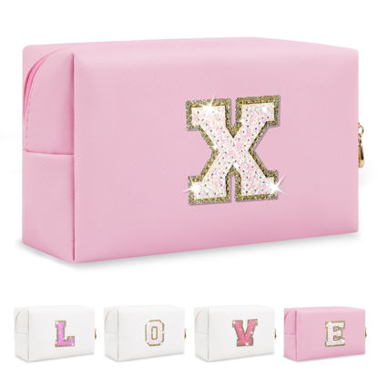 Picture of Small Personalized Initial A-Z Patch Makeup Bag,Pink Cute PU Leather Glitter Letter Cosmetic Bag for Teen Girls,Travel Toiletry Bag with Zipper,Preppy Monogrammed Birthday Gift for Daughter Niece X