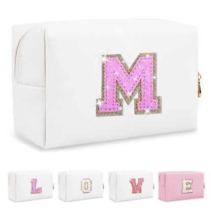 Picture of Small Initial Patch Makeup Bag Personalized Gifts Make Up Bag,White Cute PU Leather Glitter Letter Cosmetic Bag with Zipper,Trendy Portable Travel Toiletry Pouch,Preppy Stuff for Teen Girls Women M