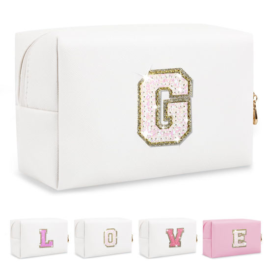 Picture of Small Initial Patch Makeup Bag Personalized Gifts Make Up Bag,White Cute PU Leather Glitter Letter Cosmetic Bag with Zipper,Trendy Portable Travel Toiletry Pouch,Preppy Stuff for Teen Girls Women G
