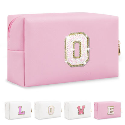 Picture of Small Personalized Initial A-Z Patch Makeup Bag,Pink Cute PU Leather Glitter Letter Cosmetic Bag for Teen Girls,Travel Toiletry Bag with Zipper,Preppy Monogrammed Birthday Gift for Daughter Niece O