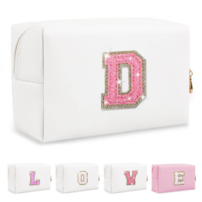 Picture of Small Initial Patch Makeup Bag Personalized Gifts Make Up Bag,White Cute PU Leather Glitter Letter Cosmetic Bag with Zipper,Trendy Portable Travel Toiletry Pouch,Preppy Stuff for Teen Girls Women D