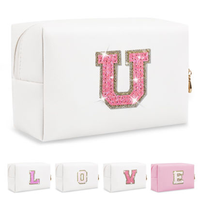 Picture of Small Initial Patch Makeup Bag Personalized Gifts Make Up Bag,White Cute PU Leather Glitter Letter Cosmetic Bag with Zipper,Trendy Portable Travel Toiletry Pouch,Preppy Stuff for Teen Girls Women U