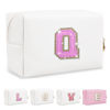 Picture of Small Initial Patch Makeup Bag Personalized Gifts Make Up Bag,White Cute PU Leather Glitter Letter Cosmetic Bag with Zipper,Trendy Portable Travel Toiletry Pouch,Preppy Stuff for Teen Girls Women Q