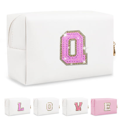 Picture of Small Initial Patch Makeup Bag Personalized Gifts Make Up Bag,White Cute PU Leather Glitter Letter Cosmetic Bag with Zipper,Trendy Portable Travel Toiletry Pouch,Preppy Stuff for Teen Girls Women Q
