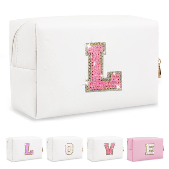 Picture of Small Initial Patch Makeup Bag Personalized Gifts Make Up Bag,White Cute PU Leather Glitter Letter Cosmetic Bag with Zipper,Trendy Portable Travel Toiletry Pouch,Preppy Stuff for Teen Girls Women L