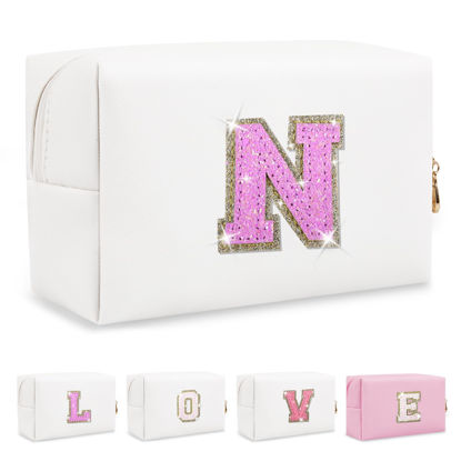 Picture of Small Initial Patch Makeup Bag Personalized Gifts Make Up Bag,White Cute PU Leather Glitter Letter Cosmetic Bag with Zipper,Trendy Portable Travel Toiletry Pouch,Preppy Stuff for Teen Girls Women N